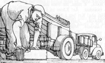 pencil drawing; man bending over to get tools from toolbox