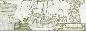 Chopping kumara into bowl of corn.