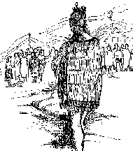 Sketch of  person in a cloak standing facing towards a group of people.