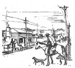 Horse and rider and dog stand in a street.