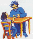 Child sitting at table opposite old man.