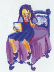 Girl sitting on bed reading letter.