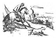 Horse with rider running with dog running alongside.