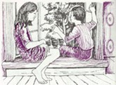 pencil drawing of two children sitting on a doorstep