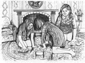 pencil drawing; three kneeling girls cleaing the carpet
