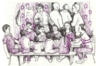 pencil drawing; eight children seated at table; four adults standing behing them