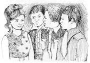 pencil drawing female next to three males