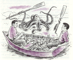 pencil drawing father and son in boat; they look at the octopus who has their paddles
