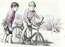 pencil drawing; two boys by a bicycle; a chicken sits on the handlebars
