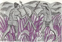 pencil drawing; two men using taiaha