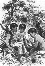 pencil drawing; three children share a cigarette