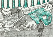 pencil drawing; small man looking at giant lying on the pathway