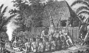 Captian Cook and Tahitians; thatched hut in the background