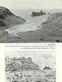 Cook's ship The Endeavour at Tolaga Bay; a photo sits above pencil drawing