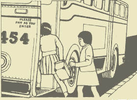 Two girls getting onto a bus.