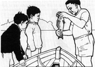 Two boys look as a man holds up a fish. The top of a wooden boat hull is between them.