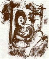 Black and white sketch of mother and child.