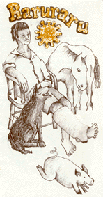 Sketch of person with broken leg surrounded by animals.