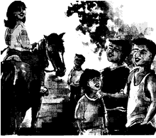 Girl on horse and other children looking on.