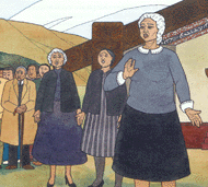 Three women in front of a wharenui. Men in coats are in the background.