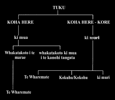 Flowchart, e rua ngā rarangi mai i te kupu tuatahi "Tuku". 1: Tuku > koha here > whakatakoto ki mua i te kanohi tangata / whakatakoto i te marae > te wharemate. 2: Tuku > koha here-kore > ki muri > te wharemate / kokuhu / ki muri.
