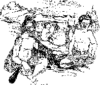 Sketch of people sitting on the ground.