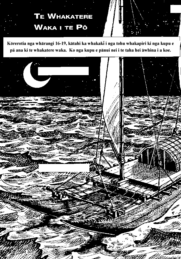 black and white drawing; waka sailing under the night sky