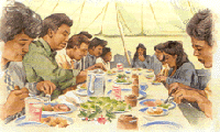Artwork of people dining at table.