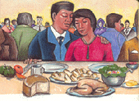 Artwork of couple at dining table.