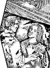 Black and white sketch of two people facing each other.