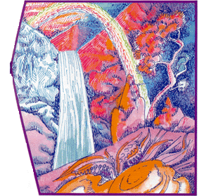 Coloured sketch of waterfall and rainbow.