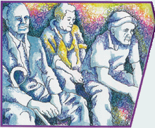 Coloured sketch of three people seated.