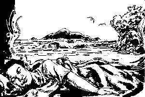 Black and white drawing of person lying down with sea and and island behind them.