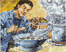 Coloured drawing of a man and a cooking pot.