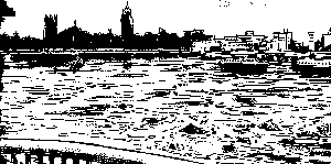 Black and white drawing of Thames River with London in the background.