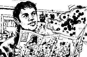Black and white drawing of person holding a map.
