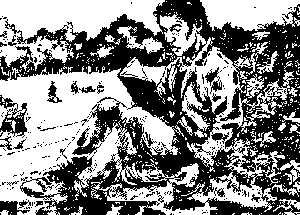 Black and white drawing of person reading a book.