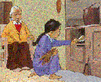 Child lighting fire in stove while kuia looks on.