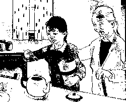 Child makes tea in a teapot while kuia stands beside her.