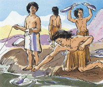 Colour illustration of two men fishing off a sand bank. A man holds two fish over his head in the background.