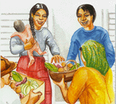 Four family members sharing vegetables.