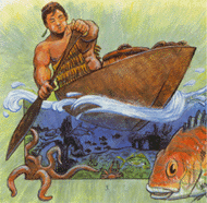 Coloured drawing of man in a canoe on the sea. An octopus and fish are in the sea beneath him.