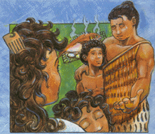 Coloured drawing of man embracing a boy. A woman looks on. There is a hangi in the background.