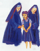 Girl in school uniform with a nun standing either side.