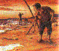 Red toned illustration of two people fishing.
