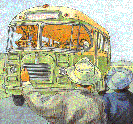 Bus on the road with two passengers waiting