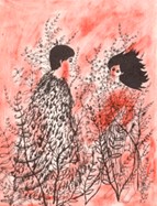 black and white, red background; male_female figures
