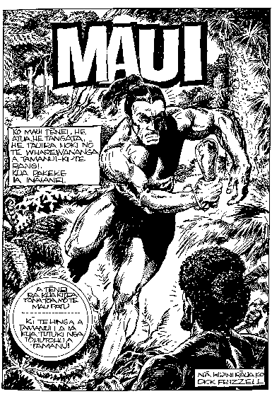 Maui running with patu in his hand. Large text title Maui. Other text in text version below.
