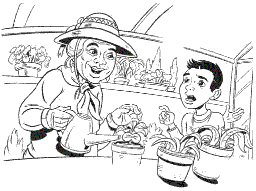 Older lady shows young boy how to maintain potted plants. 