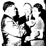 Black and white photo of woman being presented with corsage.